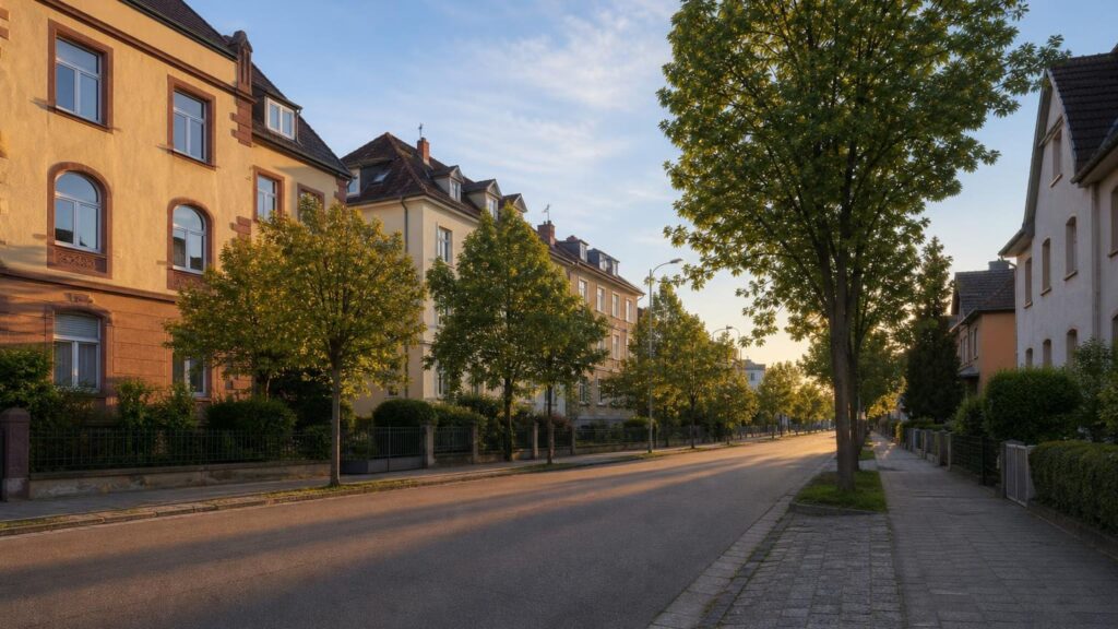 Mannheim-Neckarau: Wohnstraße im Abendlicht — Kapitalanlage-Standort