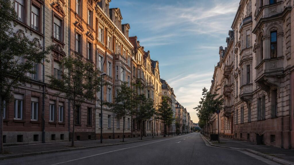 Mannheim-Neckarstadt-West: Wohnstraße im Abendlicht — Kapitalanlage-Standort