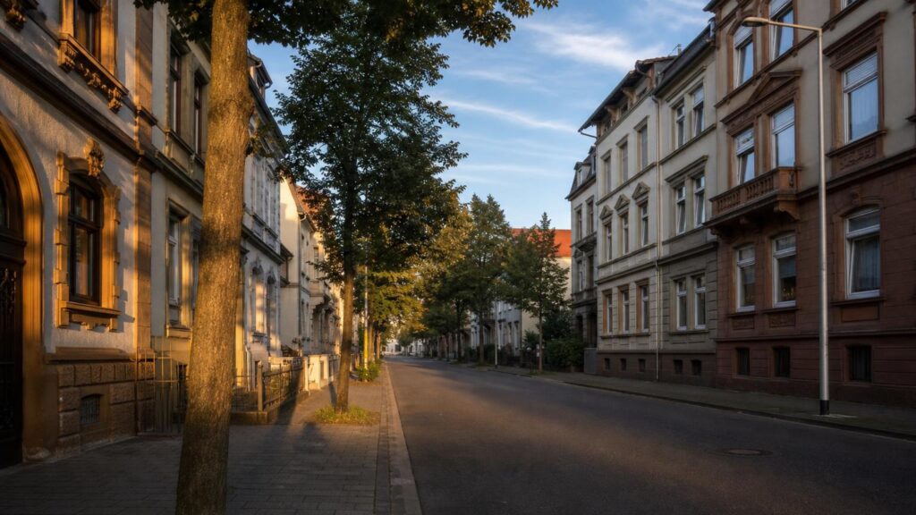 Mannheim-Wohlgelegen: Wohnstraße im Abendlicht — Kapitalanlage-Standort