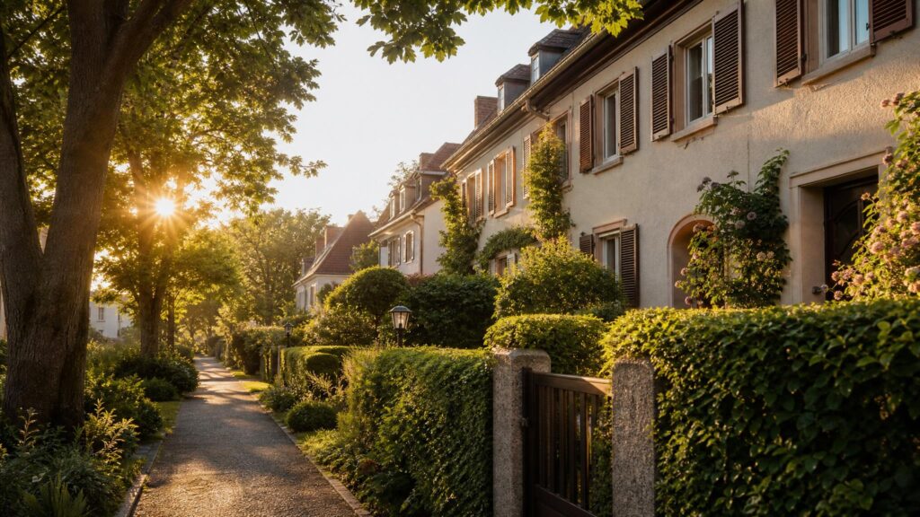 Mannheim-Gartenstadt: Wohngegend in der goldenen Stunde